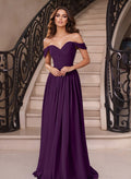 A-Line Off-The-Shoulder Sleeveless Sweep Train Chiffon Evening Dresses