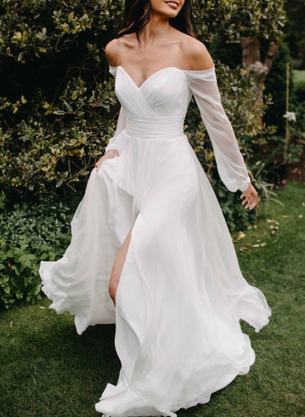 A-Line Off-The-Shoulder Long Sleeves Wedding Dresses With Chiffon Slit