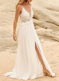 A-Line V-Neck Sleeveless Chiffon Lace Sweep Train Wedding Dresses WIth Lace Split Front