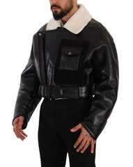Men's Black Leather Shearling Biker Coat Jacket Clothing