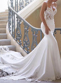 Flattering Mermaid Classic Spaghetti Straps Lace Elastic Satin Wedding Dresses