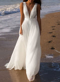 A-Line Deep V-Neck Sleeveless Sweep Train Tulle Beach Wedding Dresses