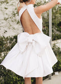 A-Line Halter Sleeveless Short/Mini Satin Wedding Dresses With Bow(s)