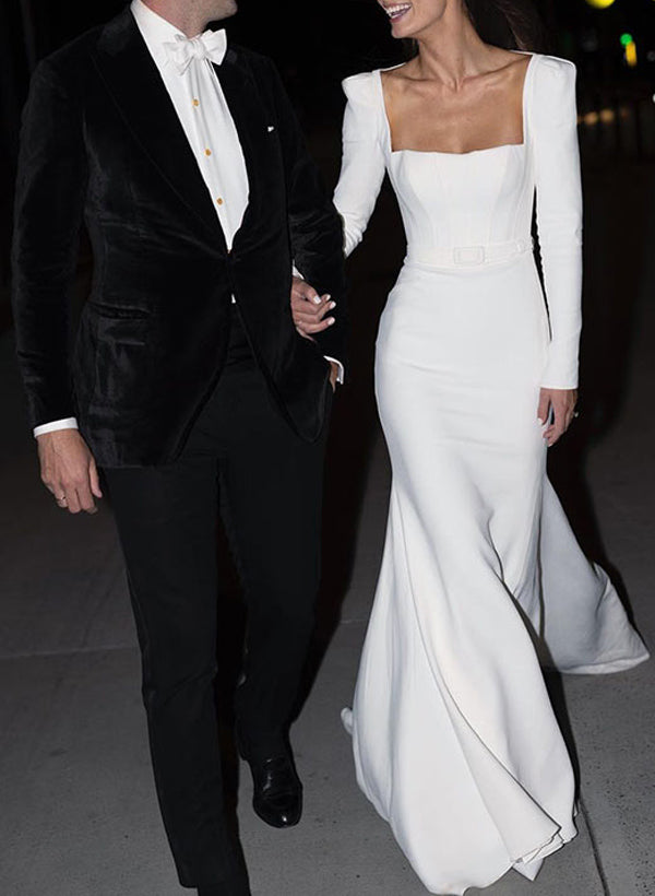 Long Sleeve Square Neckline Elastic Satin Wedding Dresses