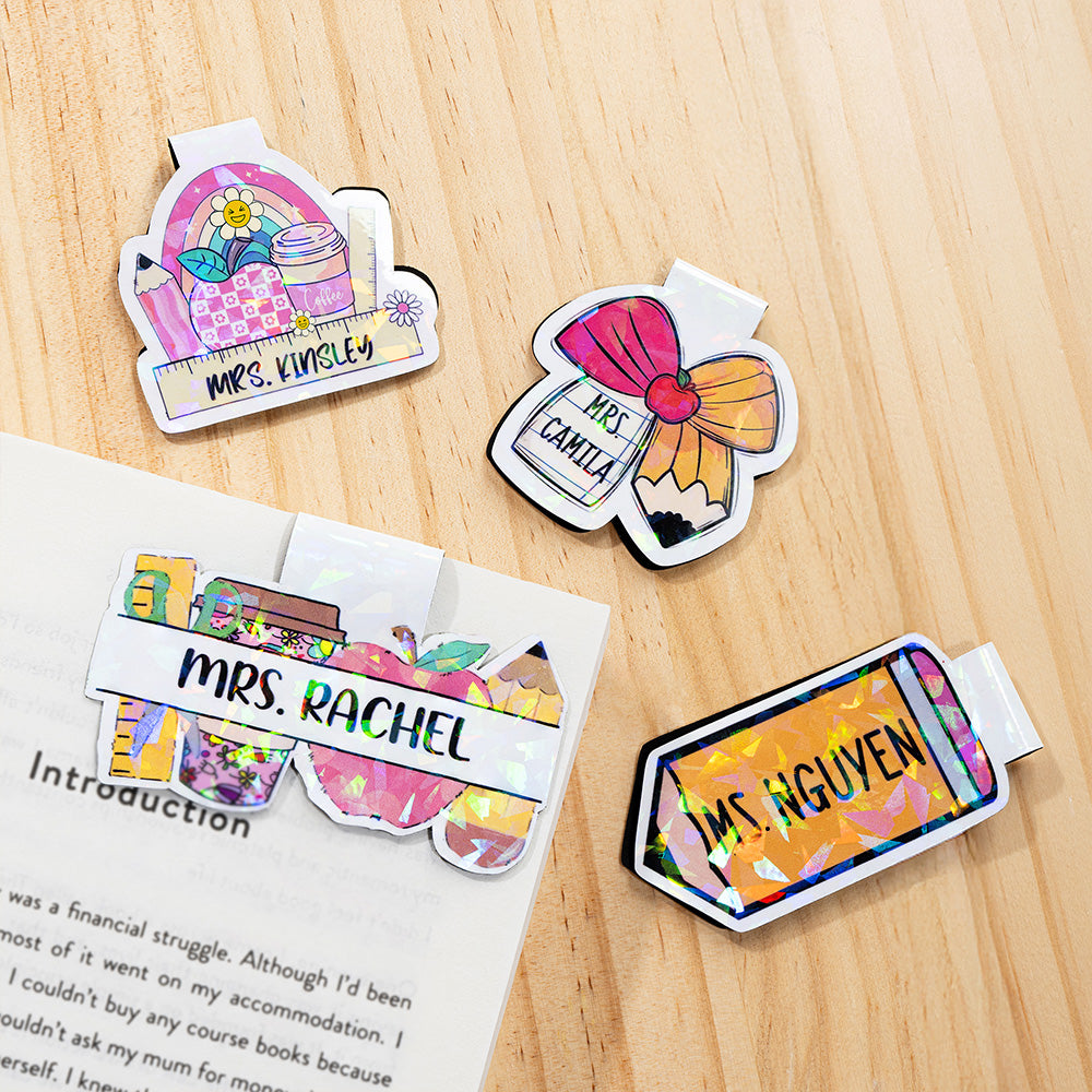 Personalizado lindo lápiz Maestro cuaderno magnético Bookmark Clip con nombre de lectura Suministros Día del Maestro Regalo para los profesores ratones de biblioteca