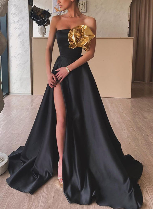 A-Line Strapless Sleeveless Satin Prom Dresses With Flower(s)/High Split