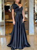 A-Line One-Shoulder Sleeveless Sweep Train Satin Prom Dresses With Bow(s)