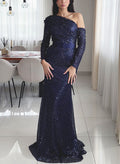 Sheath/Column One-Shoulder Long Sleeves Sequined Evening Dresses