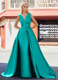 V-Neck Sleeveless Sweep Train Satin Evening Dresses