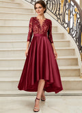 A-Line Illusion Neck 3/4 Sleeves Satin Mother Of The Bride Dresses With Lace