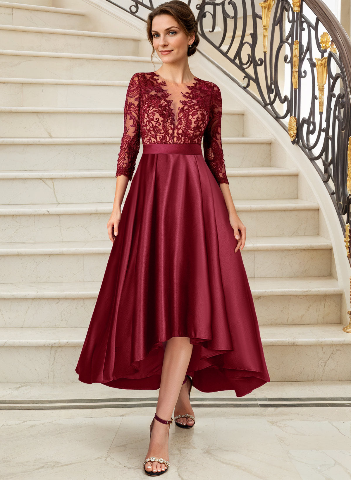 A-Line Illusion Neck 3/4 Sleeves Satin Mother Of The Bride Dresses With Lace