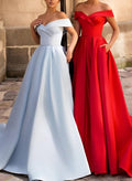 Ball-Gown Off-The-Shoulder Sleeveless Court Train Satin Prom Dresses