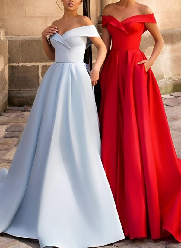 Ball-Gown Off-The-Shoulder Sleeveless Court Train Satin Prom Dresses