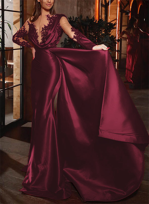 Long Sleeves Lace Cowl Neck Evening Dresses