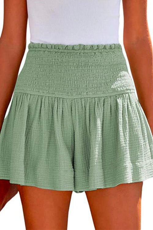 Elastic Smocked Waist Wide Leg Solid Shorts