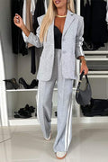 Patchwork Notch Lapel Pocketed Blazer Elastic Waist Wide Leg Pants Casual Set