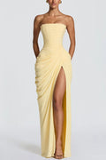Strapless Tube Ruched Slit Maxi Dress