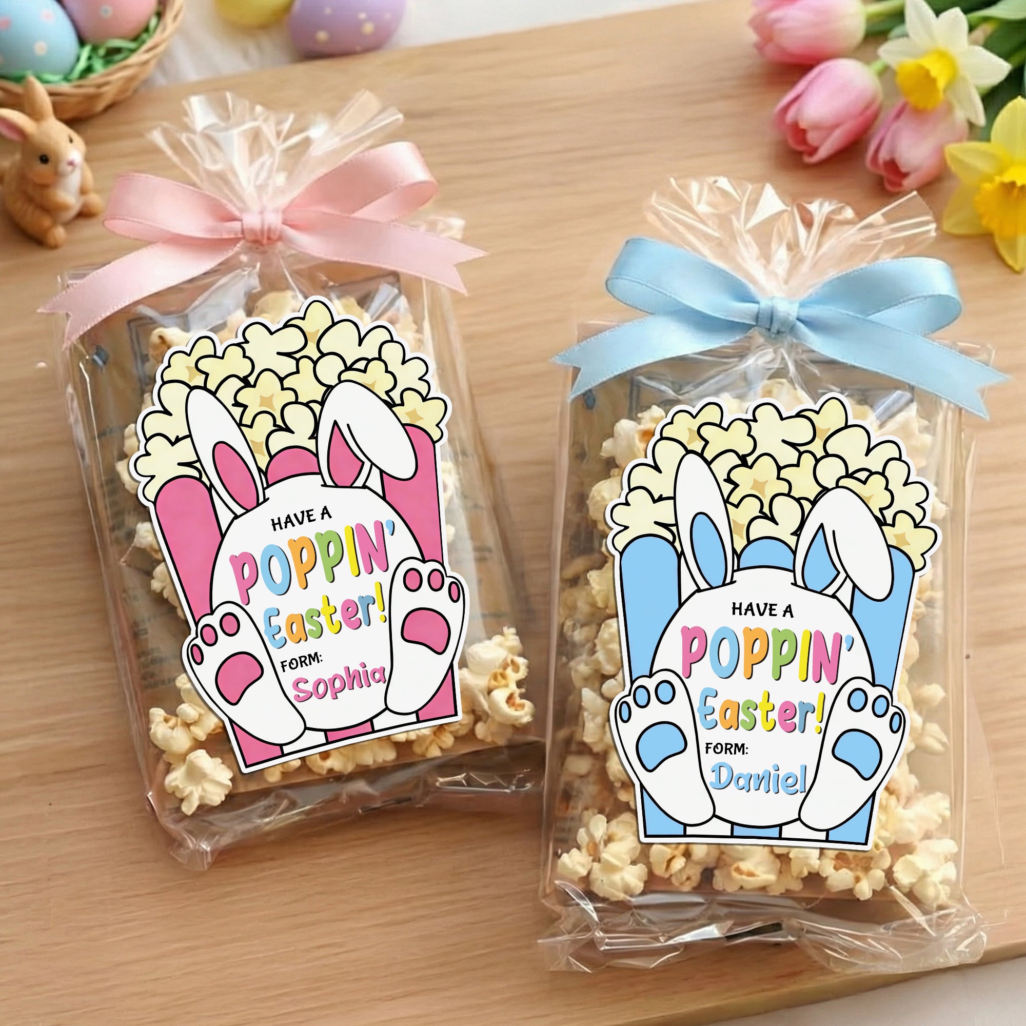 Personalizado lindo conejo de palomitas de Pascua a prueba de agua Etiquetas Adhesivas con Nombre Regalo Decoración Día de Pascua Fiesta de Favores para los niños