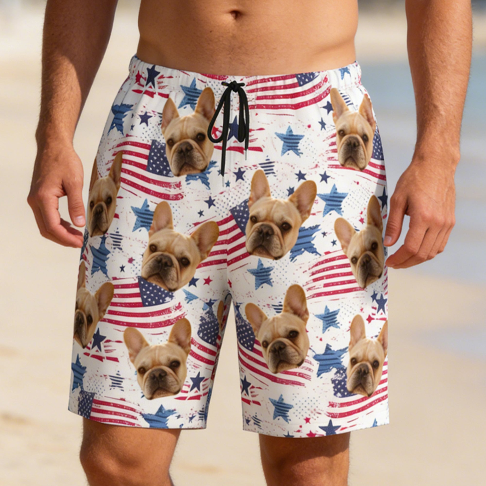Personalizado 1-5 Cara Foto Bandera Americana Bañador de Secado Rápido Pantalones Cortos de Playa con Forro de Malla Día de la Independencia Fiesta en la Playa Regalo para Hombres