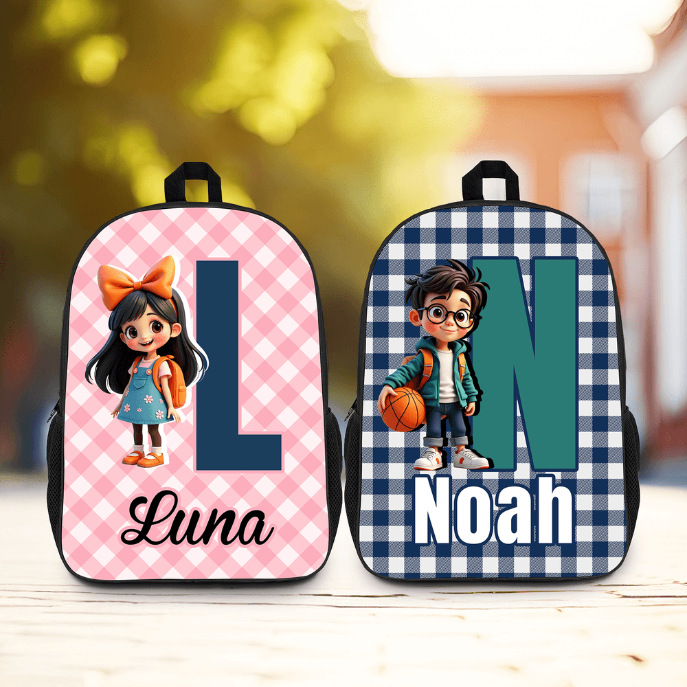 Mochila infantil grande personalizada de dibujos animados con inicial del nombre y bolsillos laterales Regalo de cumpleaños de vuelta al cole para niños Niñas