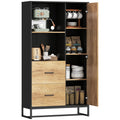 160cm Tall Kitchen Cupboard, Kitchen Pantry Sideboard with 2 Open Shelves, 2 Drawers, Adjustable Shelves and Soft Close Door, Storage Cabinet for Living Room, Dinning Room, Natural Wood Finish