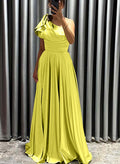 A-Line One-Shoulder Sleeveless Sweep Train Silk Like Satin Prom Dresses With Ruffle