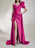A-Line One-Shoulder Short Sleeves Satin Evening Dresses With High Split