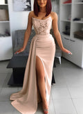 Exquisite Semi Sheer Illusion Floral Embroidered Corset Evening Dresses With High Split