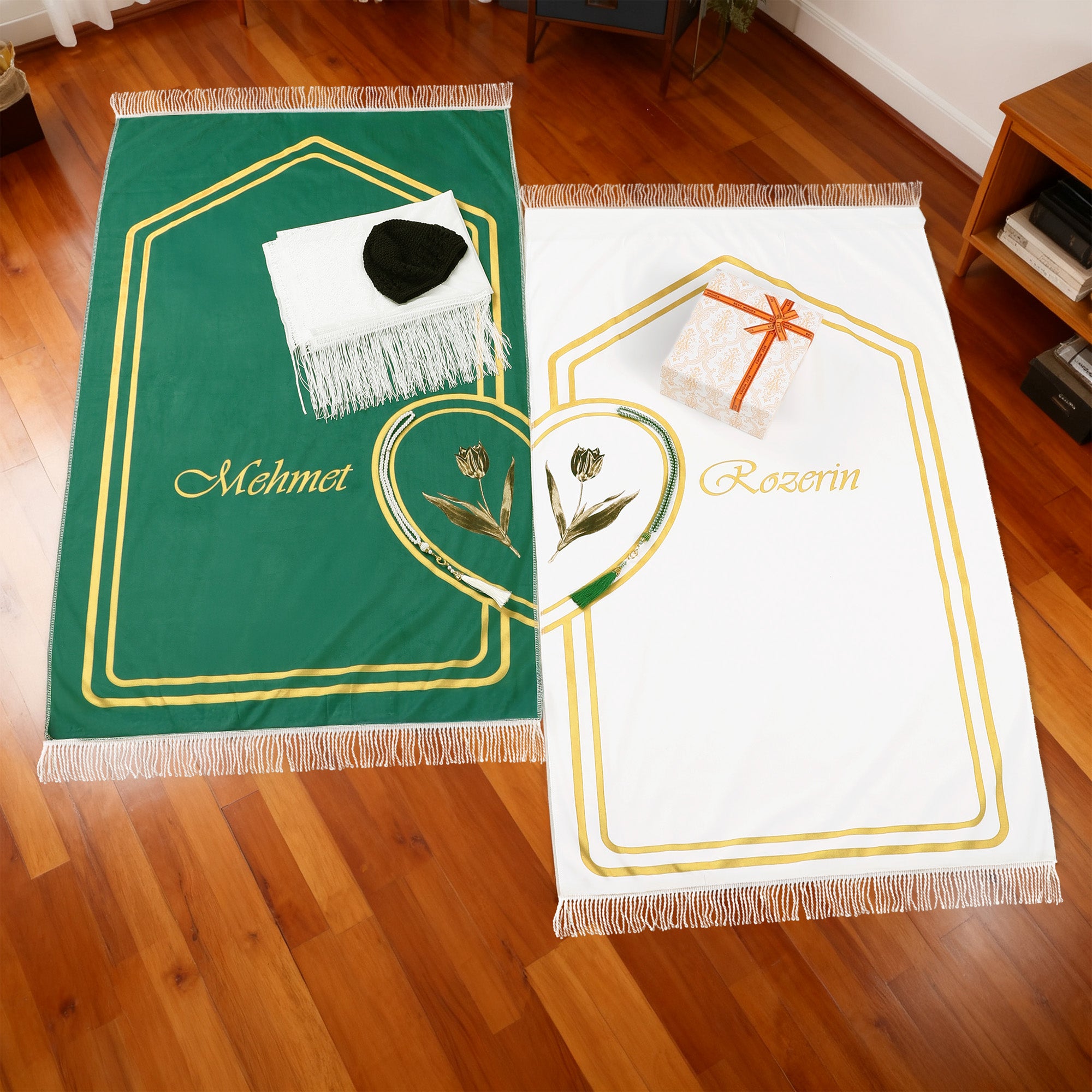 Personalizado Elegante Pareja Oración Mat Oración Rosario con Nombre y Texto Juego de 2 Ramadán Eid Islámica Boda Regalo para Parejas