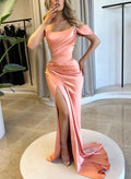 Sheath/Column One-Shoulder Satin(Non-Stretch) Prom Dresses With High Split
