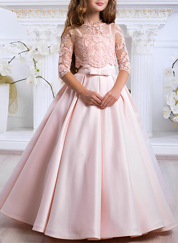 Ball-Gown/Princess Scoop Neck 3/4 Sleeves Satin Floor-Length Flower Girl Dresses With Lace