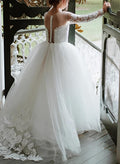 A-Line Illusion Neck Long Sleeves Sweep Train Tulle Flower Girl Dresses With Appliques Lace