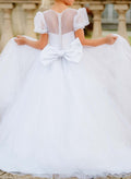 Sheath/Column Illusion Neck Short Sleeves Tulle Flower Girl Dresses With Bow(s)