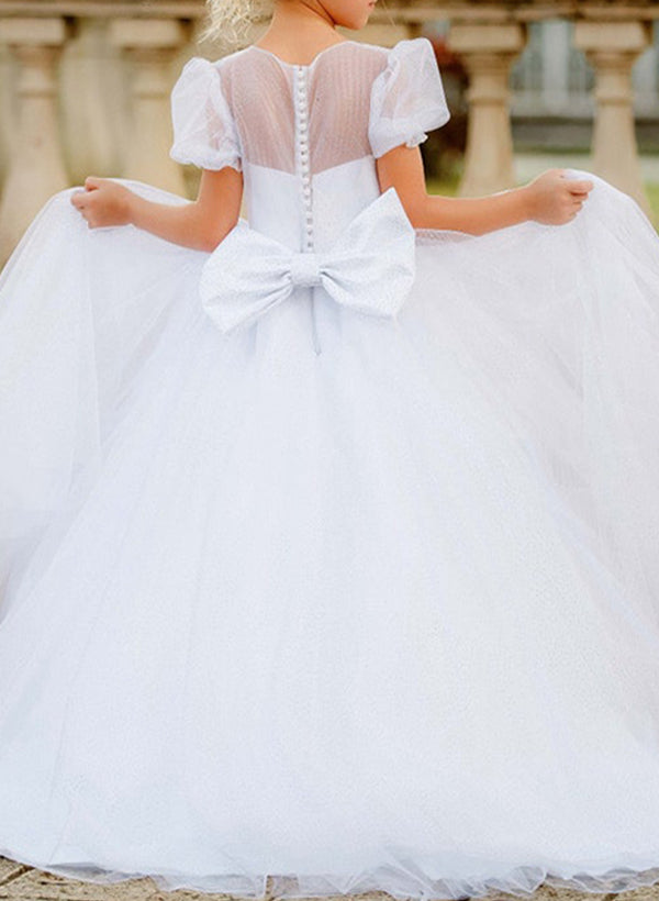 Sheath/Column Illusion Neck Short Sleeves Tulle Flower Girl Dresses With Bow(s)