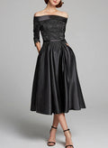 A-Line Tea-Length Satin(Non-Stretch) Bridesmaid Dresses With Appliques Lace