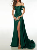 A-Line Off-The-Shoulder Sleeveless Matte Satin Evening Dresses With High Split