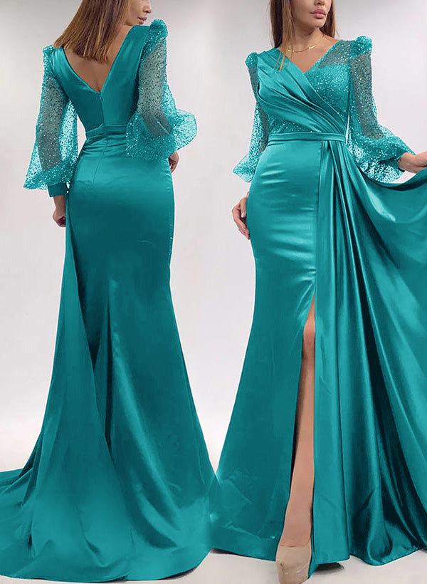Sheath/Column V-Neck Sweep Train Satin Prom Dress With Spilt Front