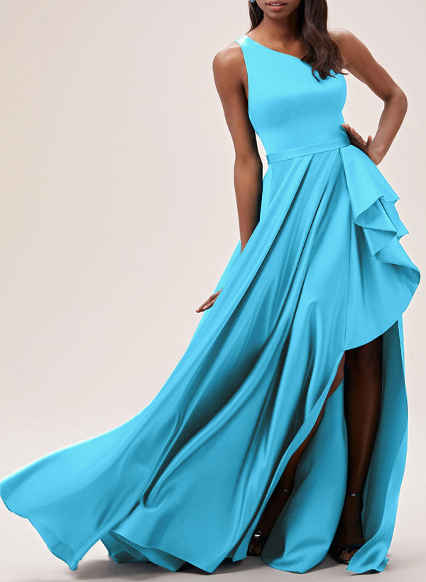 A-Line One-Shoulder Asymmetrical Charmeuse Bridesmaid Dresses With Ruffle/Back Hole