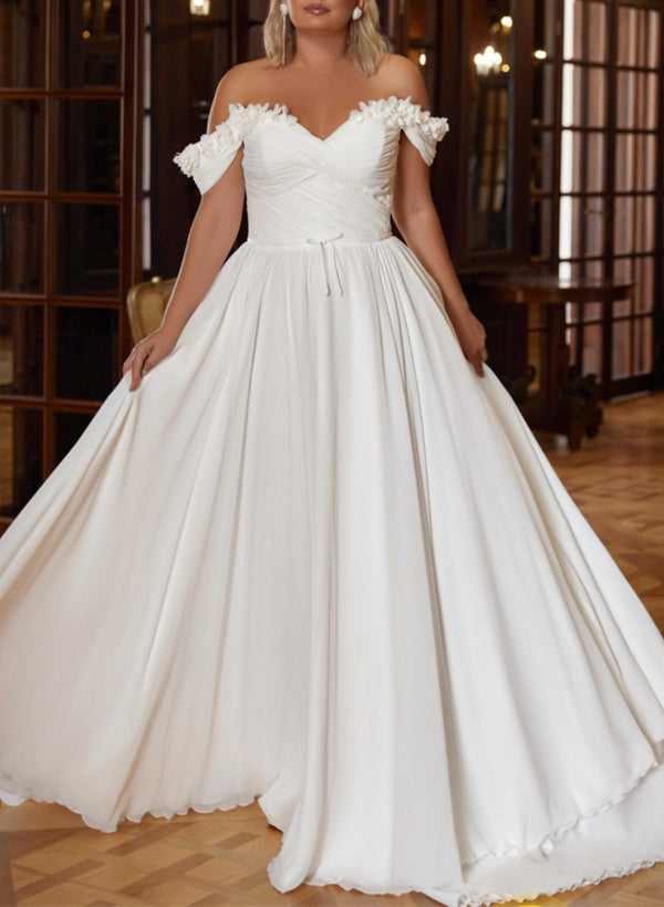 Plus Size A-Line Off-The-Shoulder Chiffon Wedding Dresses With Flower(s)