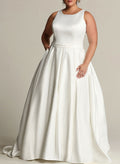 Plus Size A-Line Scoop Neck Satin Wedding Dresses With Pockets/Lace