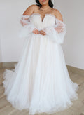 Plus Size A-Line Off-The-Shoulder Long Sleeves Court Train Tulle Wedding Dresses