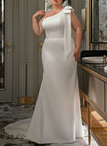 Plus Size Trumpet/Mermaid One-Shoulder Satin Wedding Dresses With Bow(s)