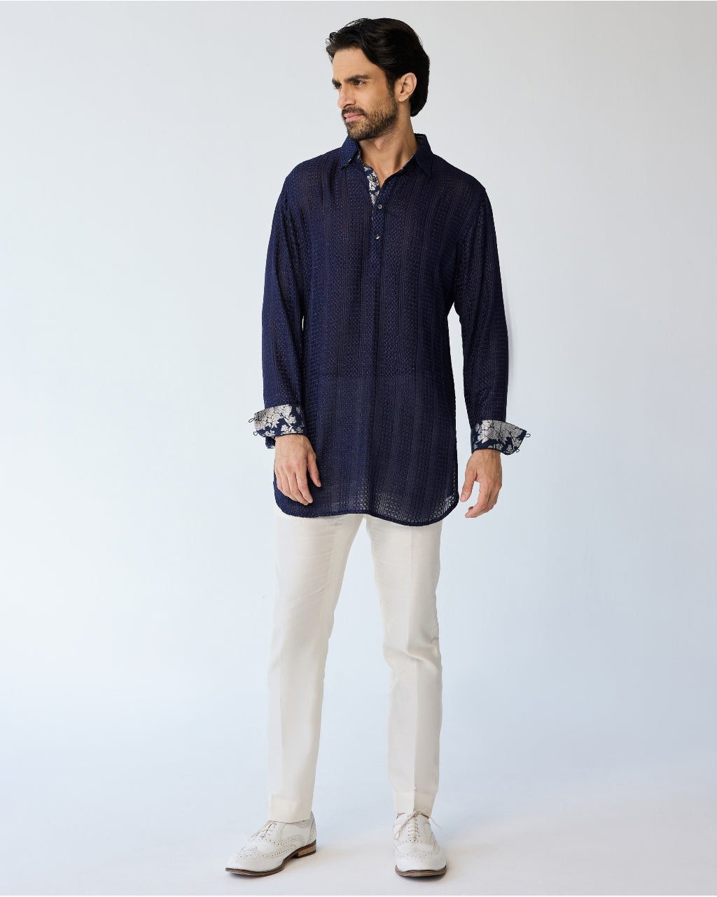 Navy Chessboard Henley Kurta Set By KYNAH, Luxury Indian Fashion & Bridal Wear
