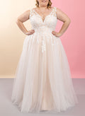 Plus Size A-Line V-Neck Floor-Length Tulle Wedding Dresses With Lace