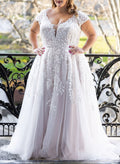 Plus Size A-Line V-Neck Sweep Train Tulle Wedding Dresses With Appliques Lace