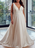 Plus Size A-Line V-Neck Sleeveless Court Train Elastic Satin Wedding Dresses