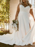 Plus Size A-Line V-Neck Court Train Stretch Chiffon Wedding Dresses With Pockets/High Split