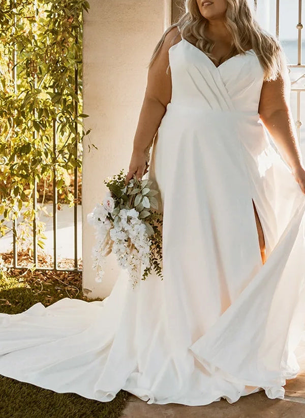 Plus Size A-Line V-Neck Court Train Stretch Chiffon Wedding Dresses With Pockets/High Split