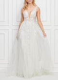 Plus Size A-Line V-Neck Sleeveless Sweep Train Tulle Wedding Dresses BRIDE With Lace