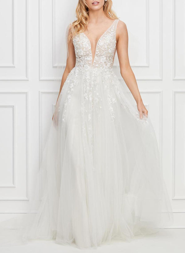 Plus Size A-Line V-Neck Sleeveless Sweep Train Tulle Wedding Dresses BRIDE With Lace